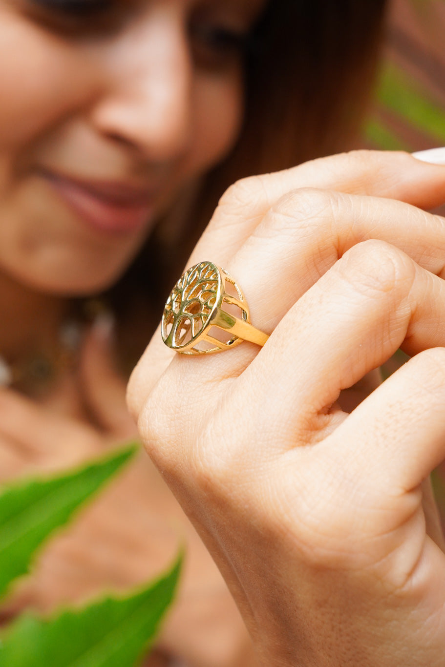 Tree Of Life Adjustable Brass Ring. Size 6-8