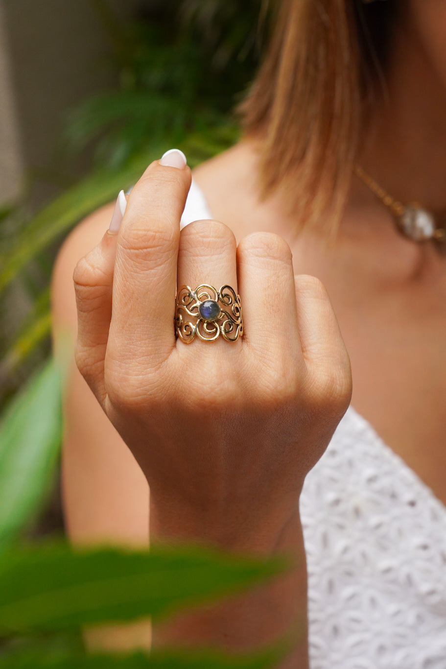 Labradorite curl brass ring. Adjustable. size 5-8
