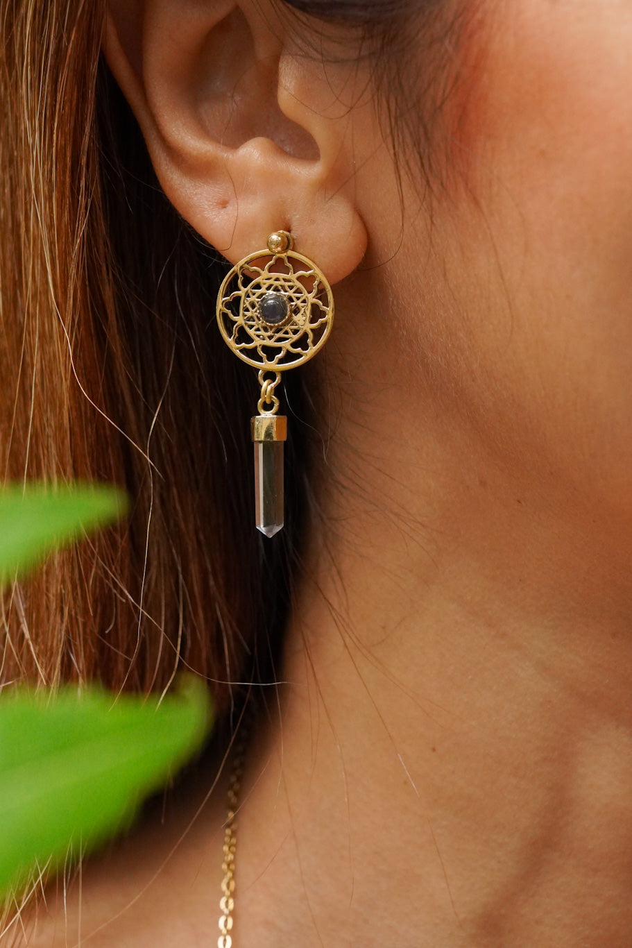 Clear quartz mandala stud brass earrings