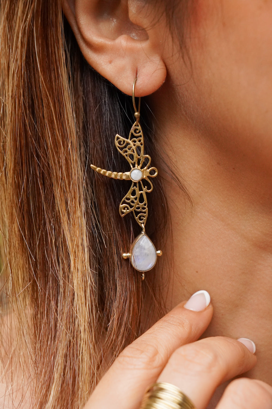 Dragonfly moonstone drop brass earrings