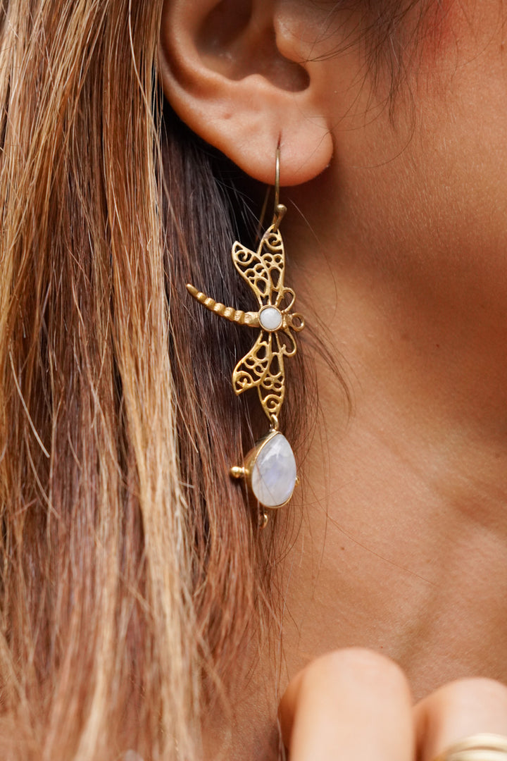Dragonfly moonstone drop brass earrings