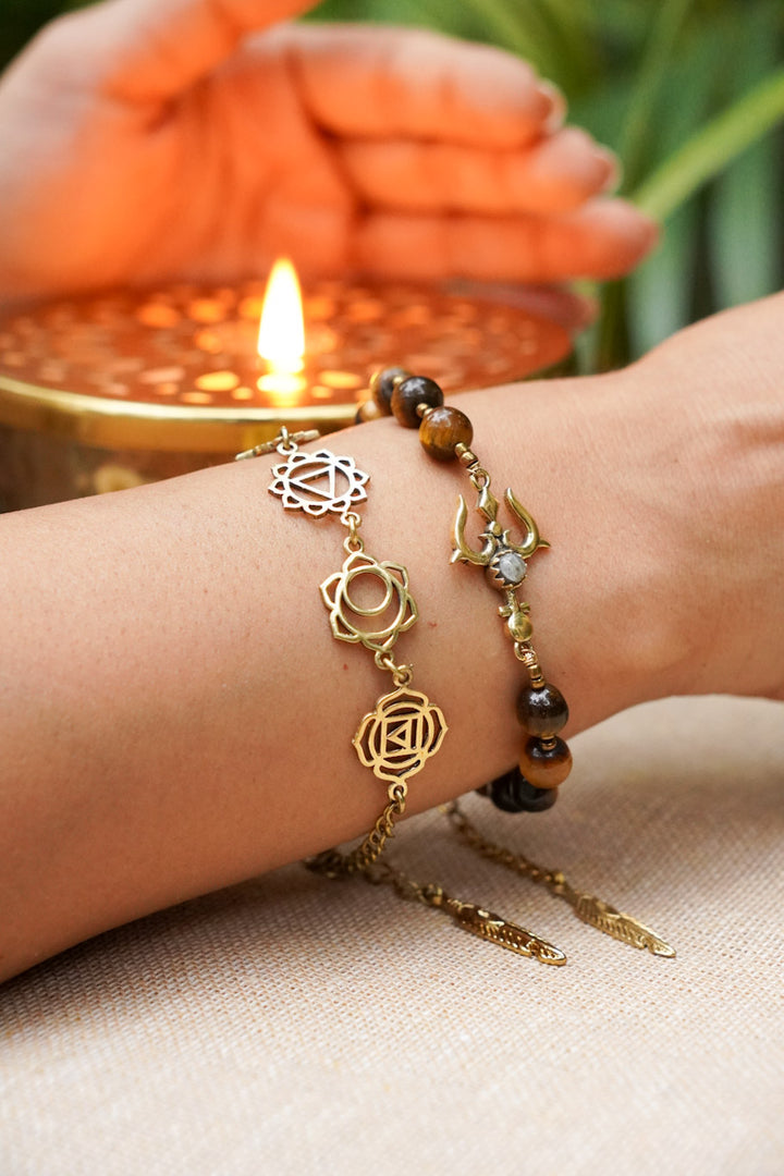 Seven chakra trishul tiger eye bracelet stackable combo
