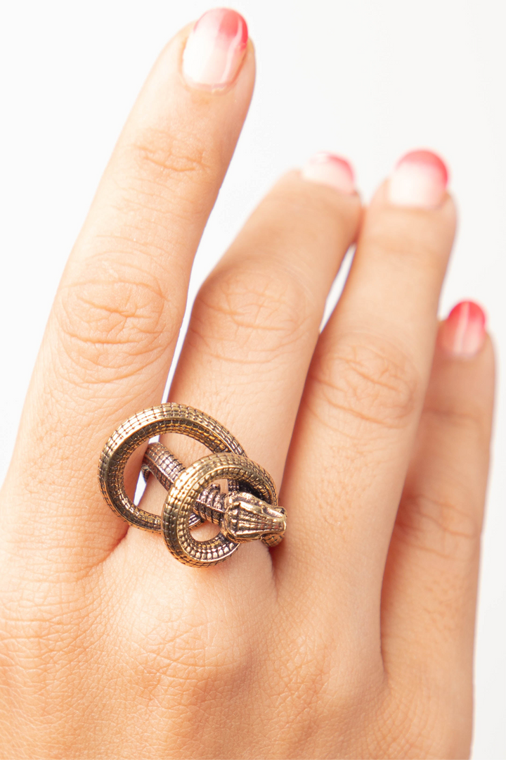 Serpent Adjustable Brass Ring. Size 5-8