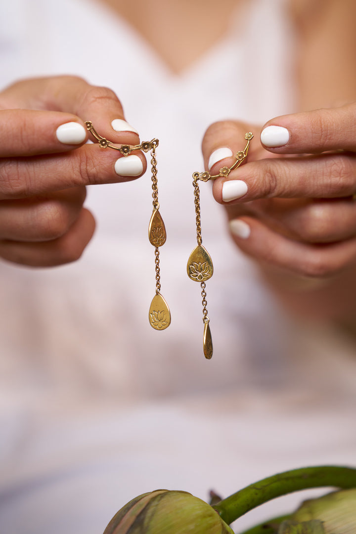 Floral climber~ screwless brass earrings-