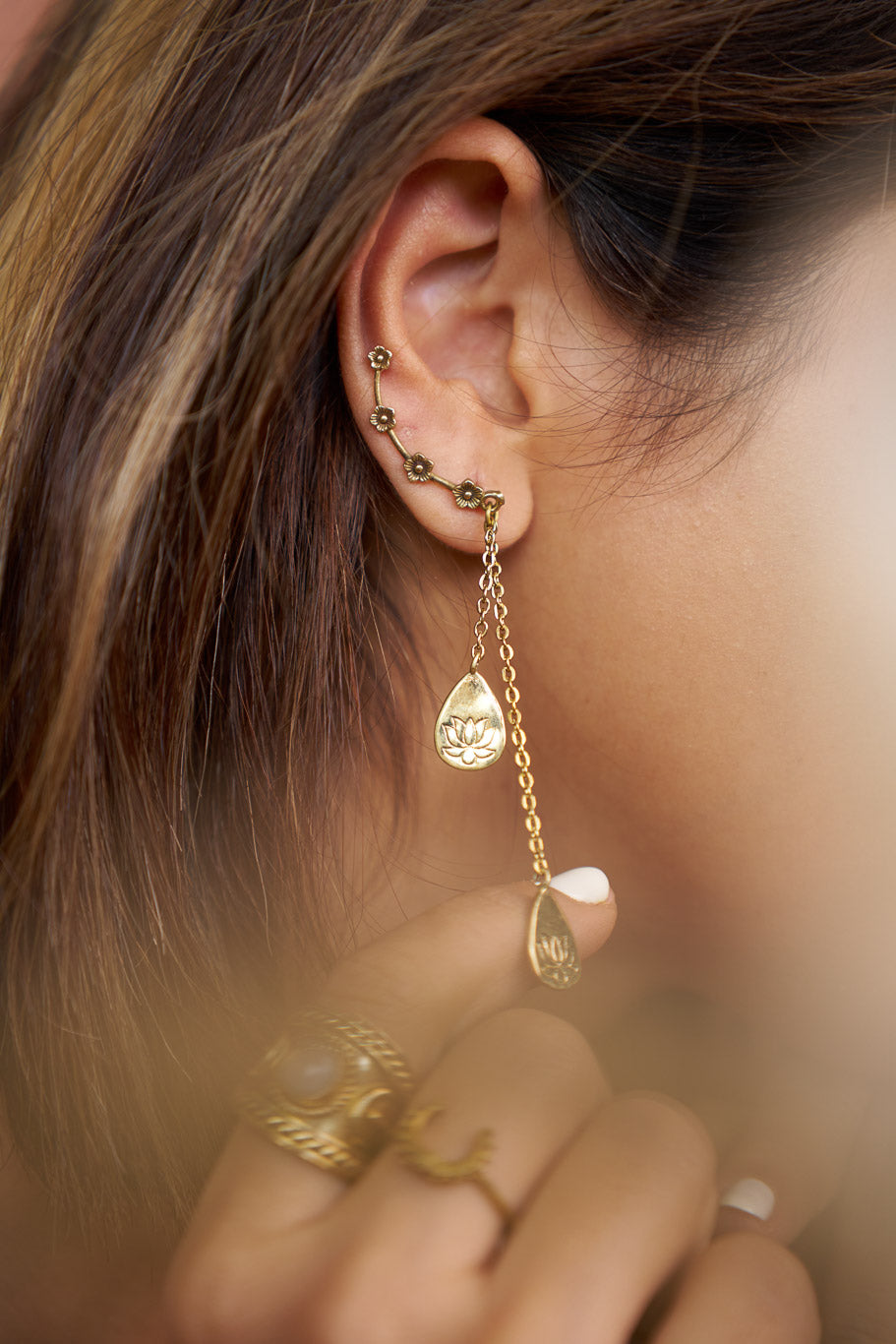 Floral climber~ screwless brass earrings-