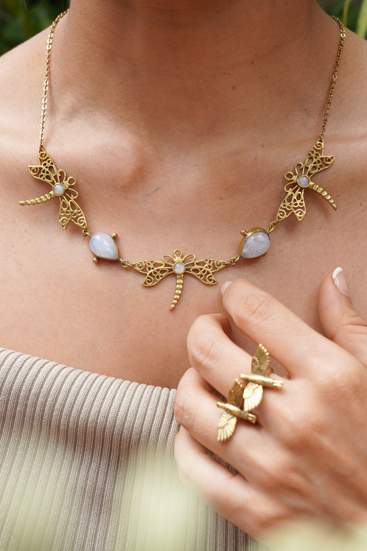 Moonstone dragonfly short necklace