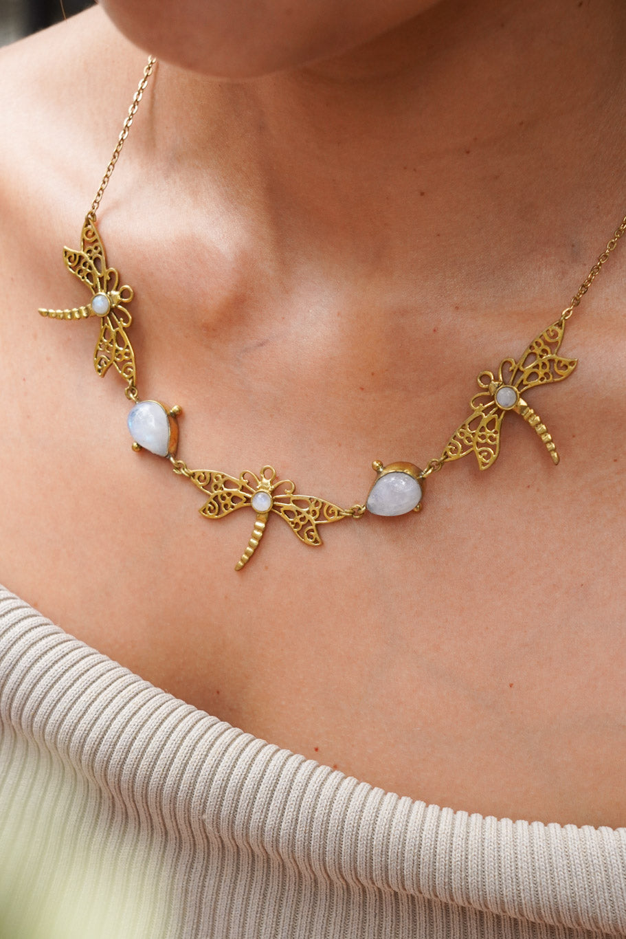 Moonstone dragonfly short necklace