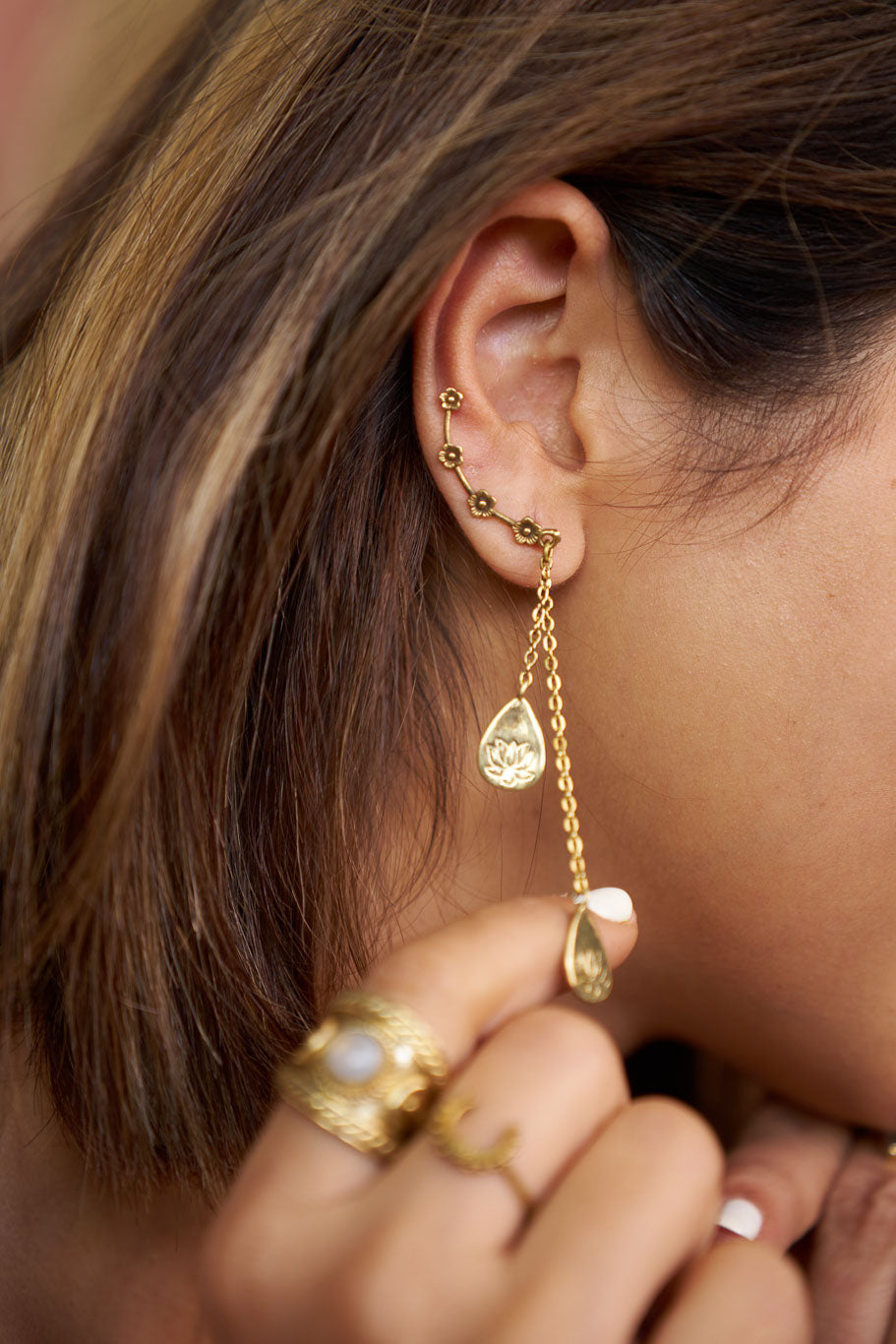 Floral climber~ screwless brass earrings-