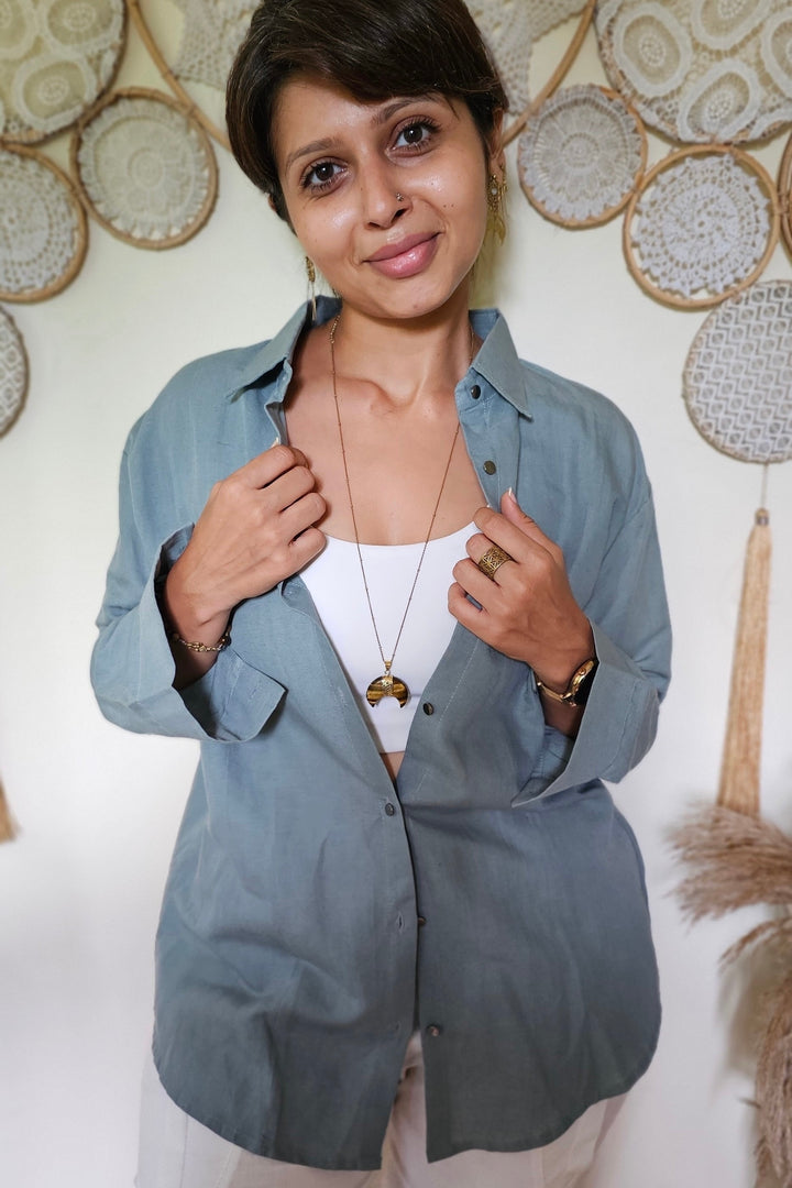 Chalk grey linen unisex shirt jacket