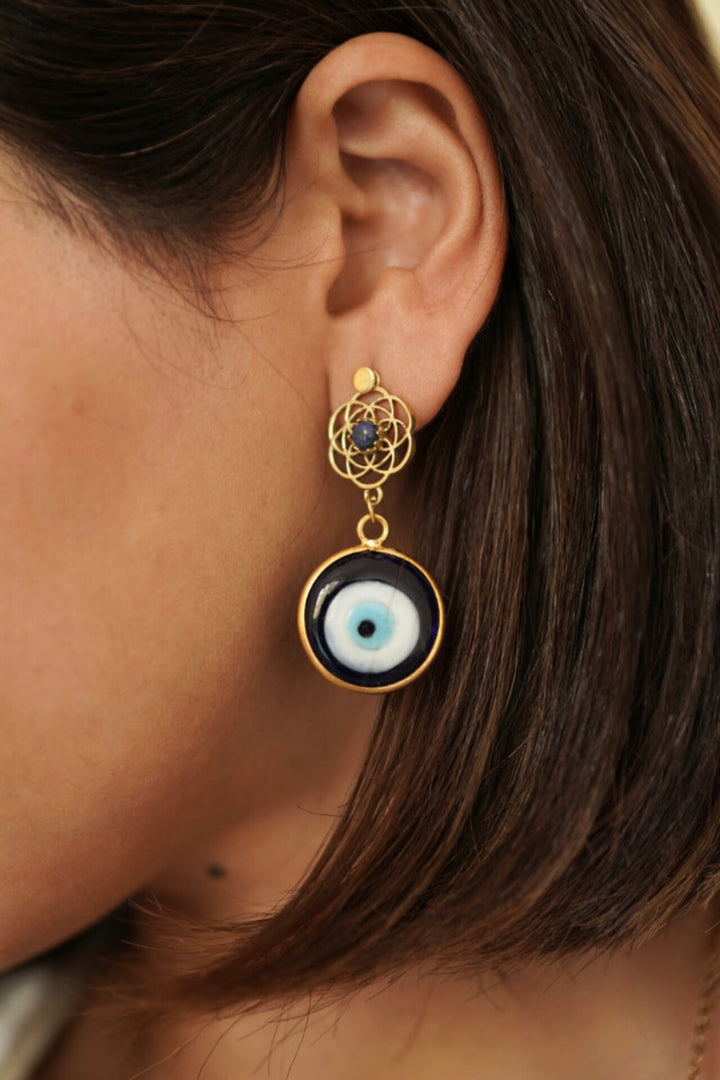 Lapis Flower of life with evil eye brass earrings.