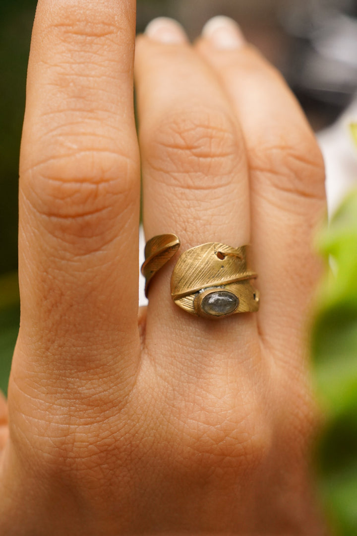 Labradorite feather adjustable brass ring. Size 5-8