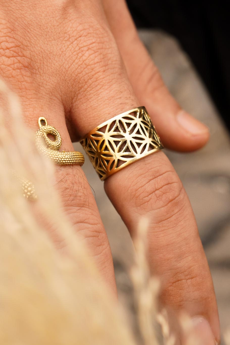 Flower of life adjustable brass ring