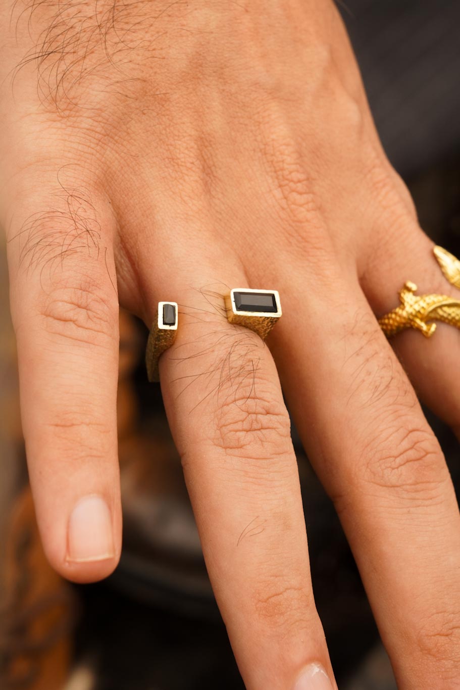 Open square black agate brass ring- men’s jewellery size 6-7