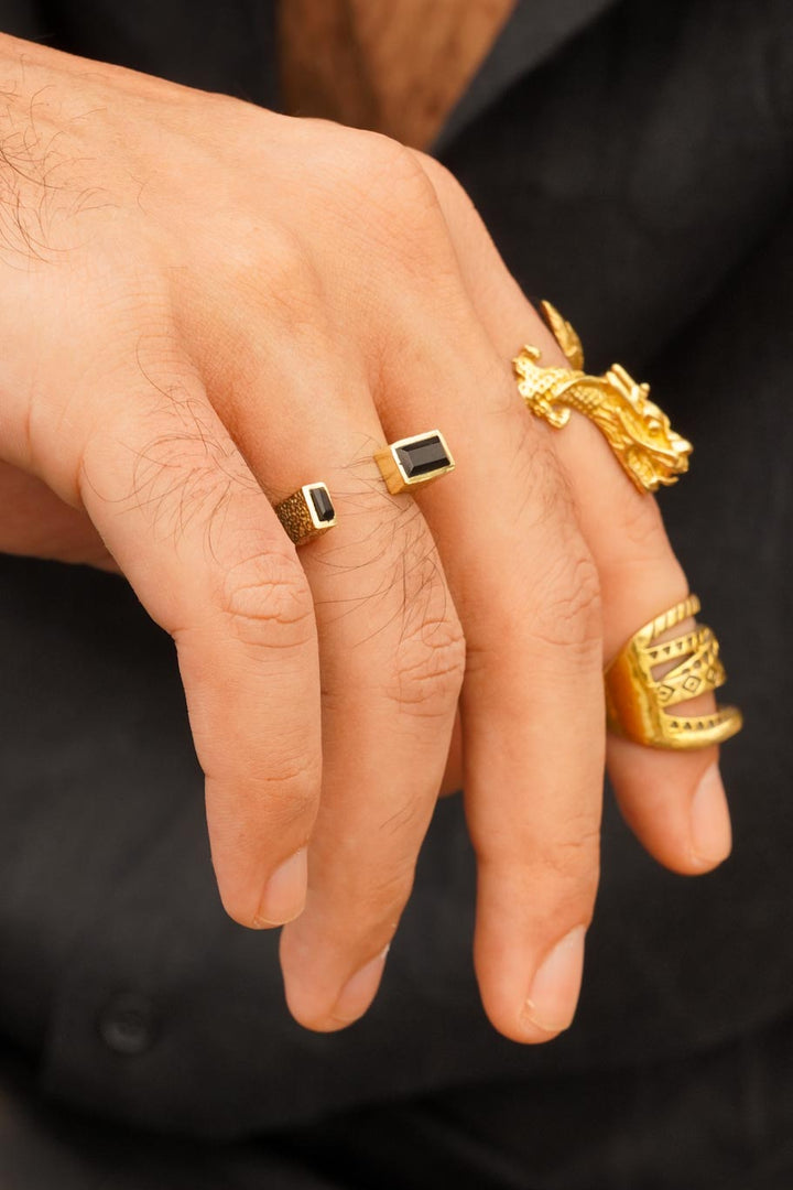 Open square black agate brass ring- men’s jewellery size 6-7
