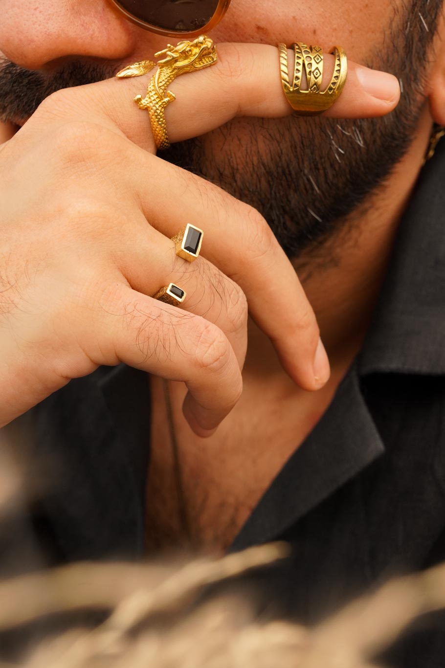 Open square black agate brass ring- men’s jewellery size 6-7