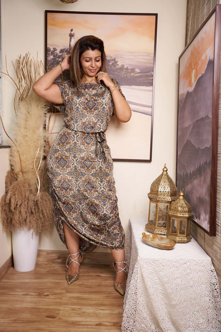 Deira multi styling tie up dress in Viscose silk