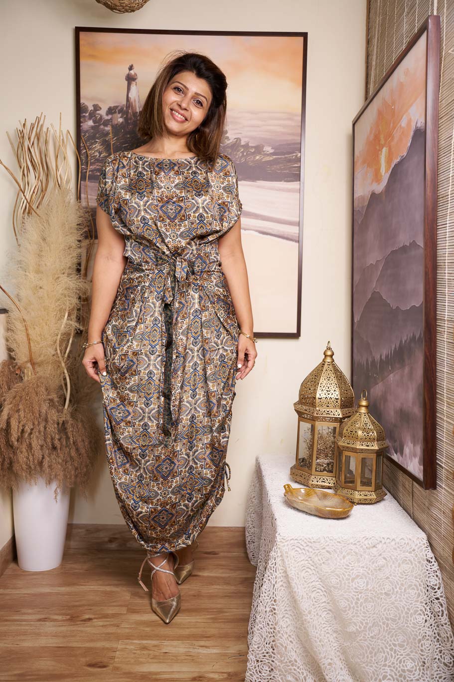 Deira multi styling tie up dress in Viscose silk