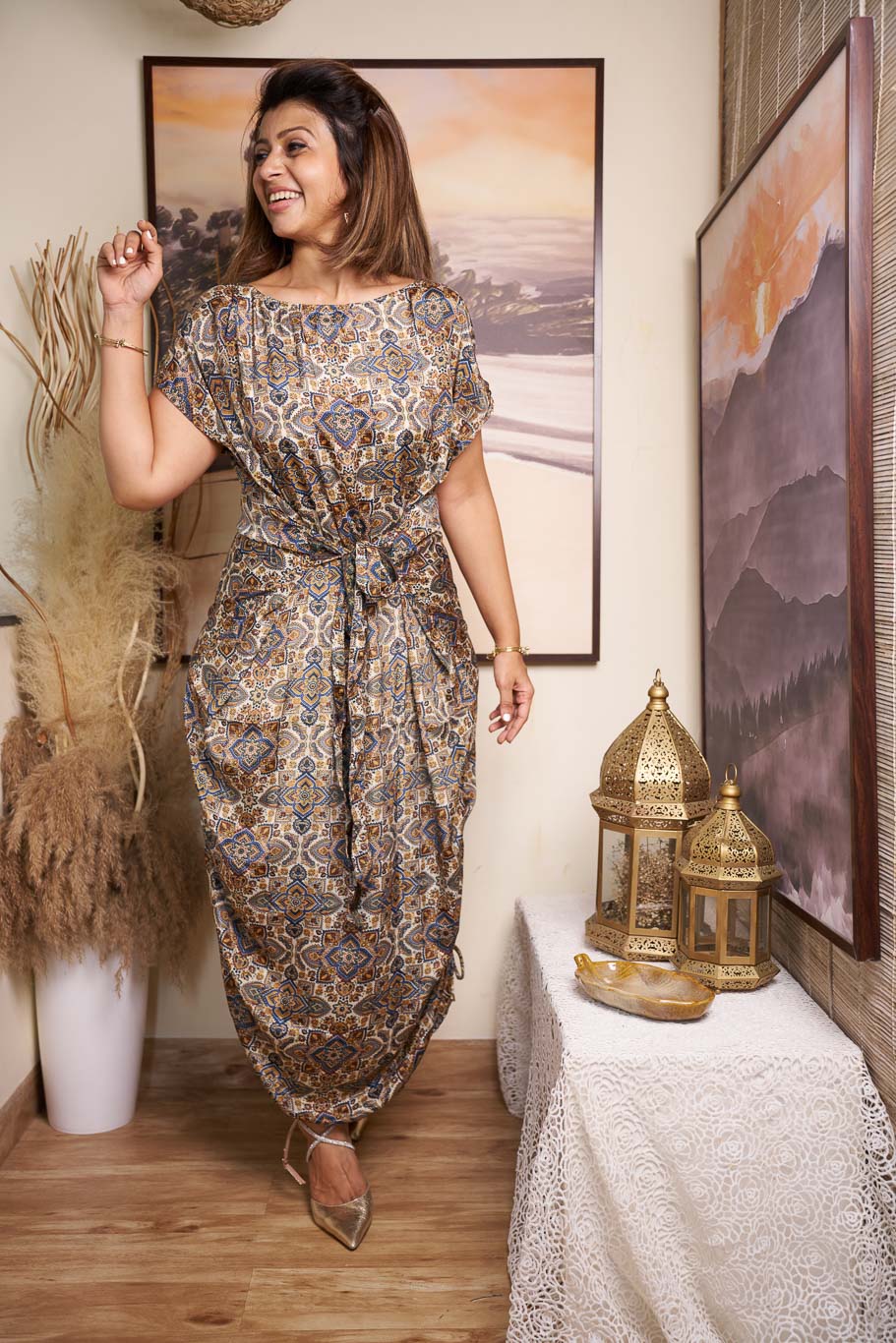 Deira multi styling tie up dress in Viscose silk