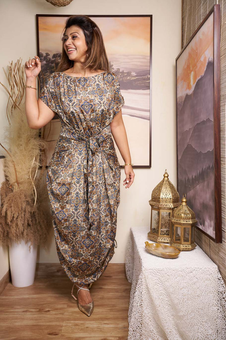 Deira multi styling tie up dress in Viscose silk