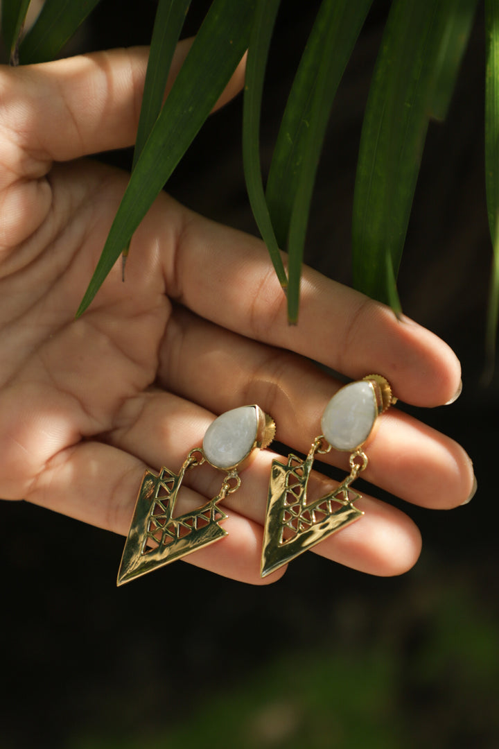 Moonstone triangle brass drop earrings