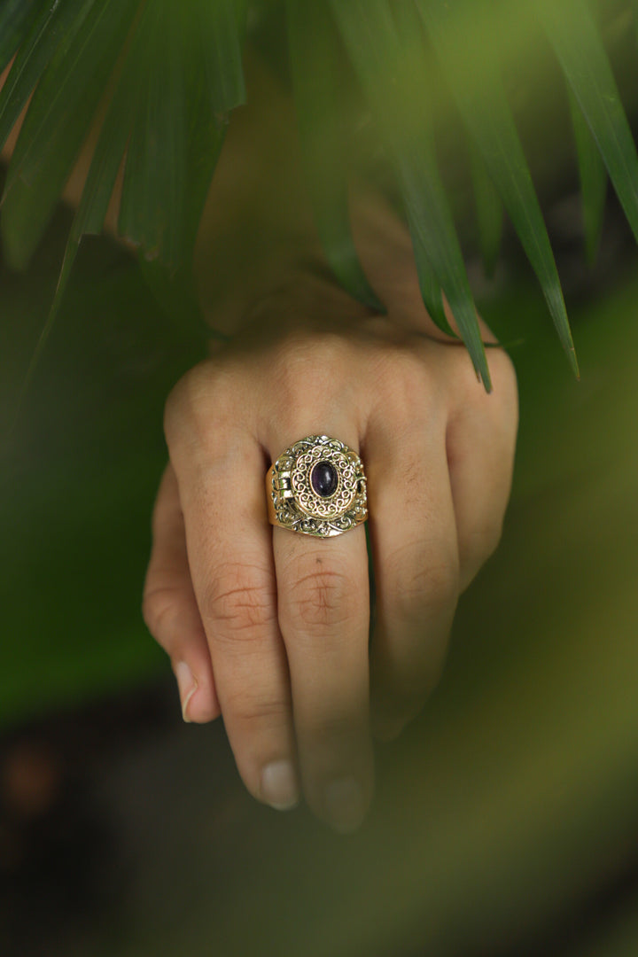Amethyst brass poison ring. Adjustable. 5-8