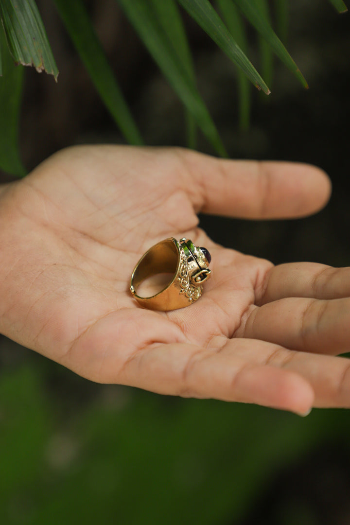 Amethyst brass poison ring. Adjustable. 5-8