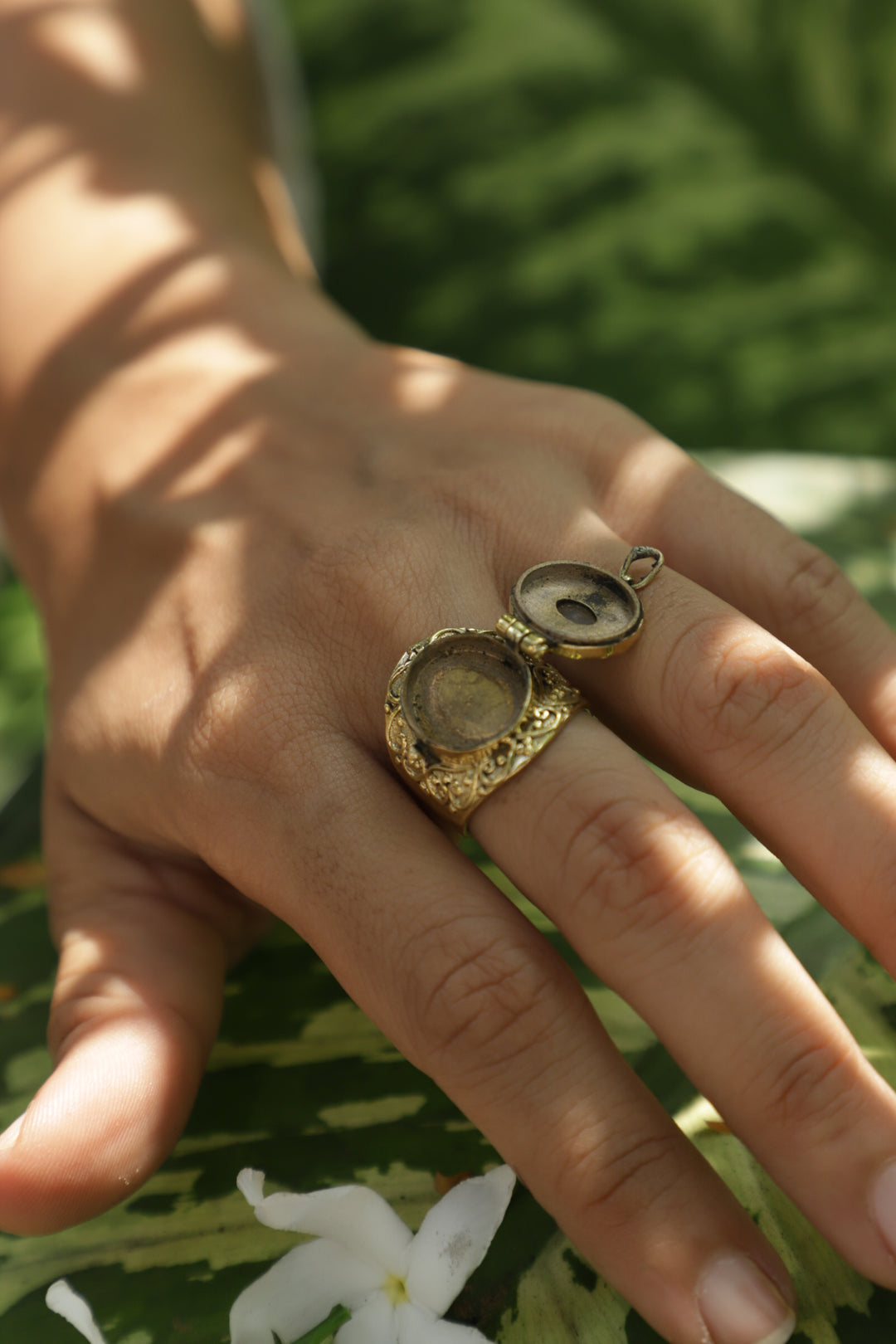 Moonstone brass poison ring. Adjustable. Size 5-8