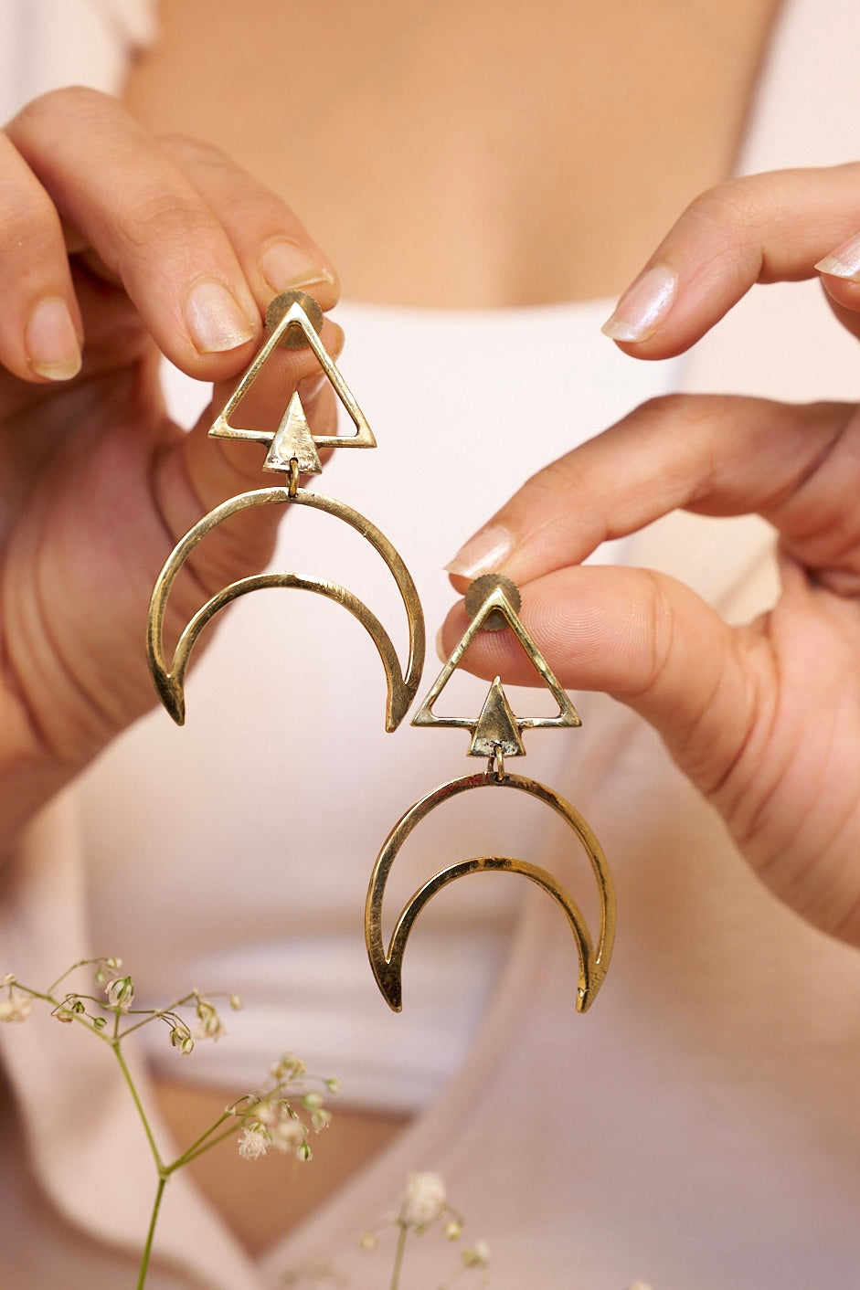 Boho moon drop brass earrings