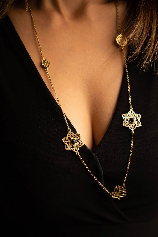 Black Onyx Mandala Long Charm Necklace.