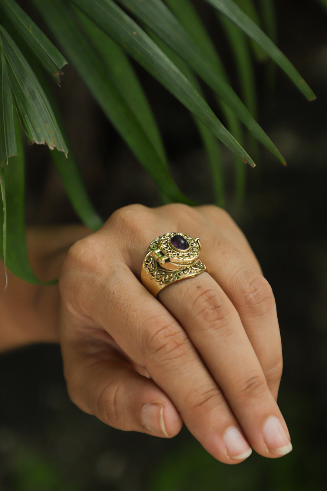 Amethyst brass poison ring. Adjustable. 5-8