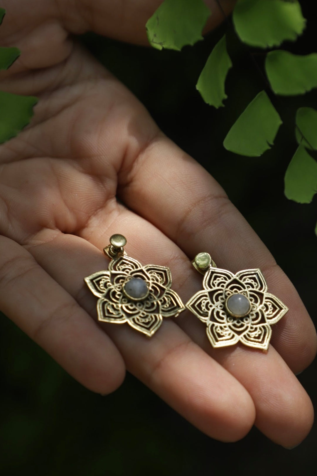 Moonstone mandala brass stud earrings
