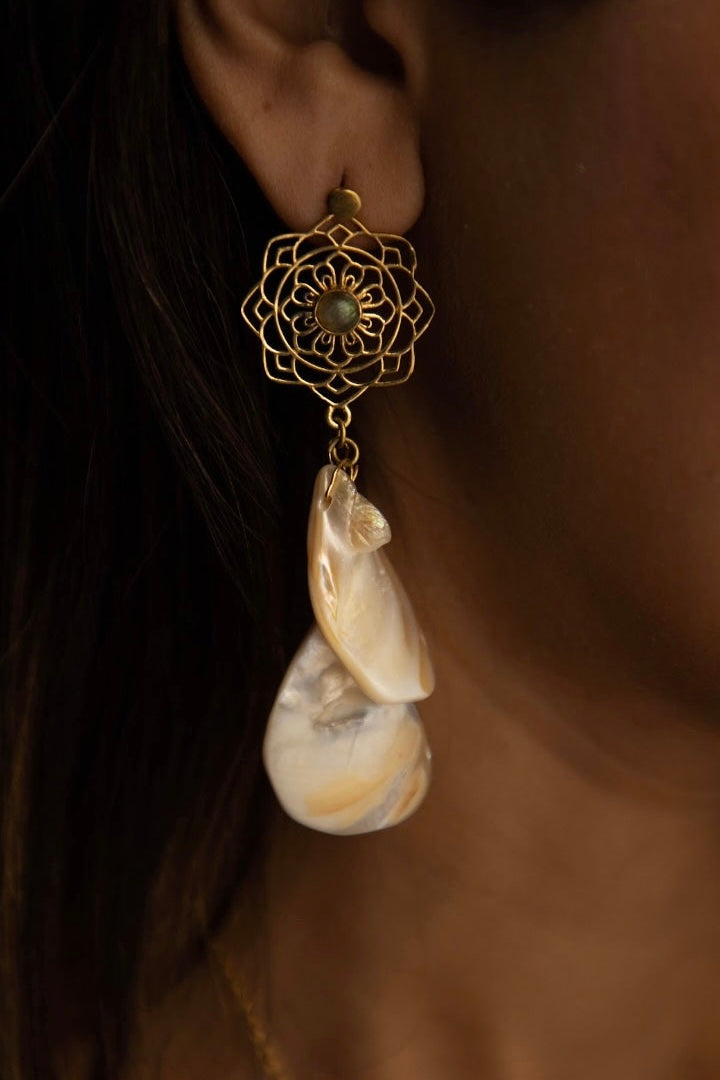 Mandala Pearl brass drop earrings