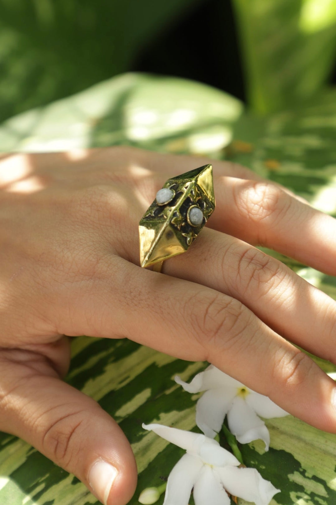 Taveez moonstone brass ring. Adjustable. 5-9