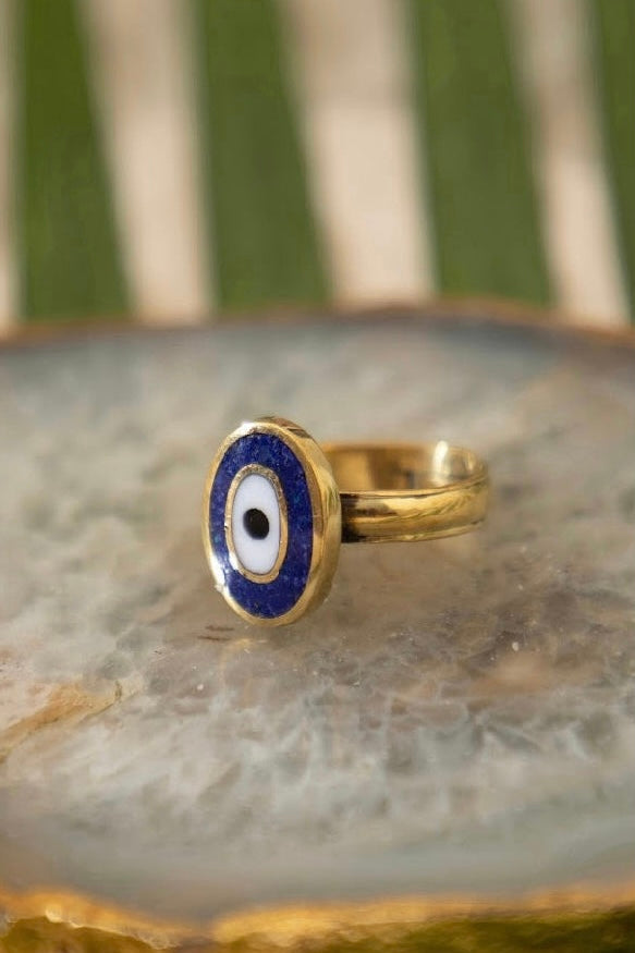 Lapis Evil Eye brass ring. Adjustable. Size 5-7