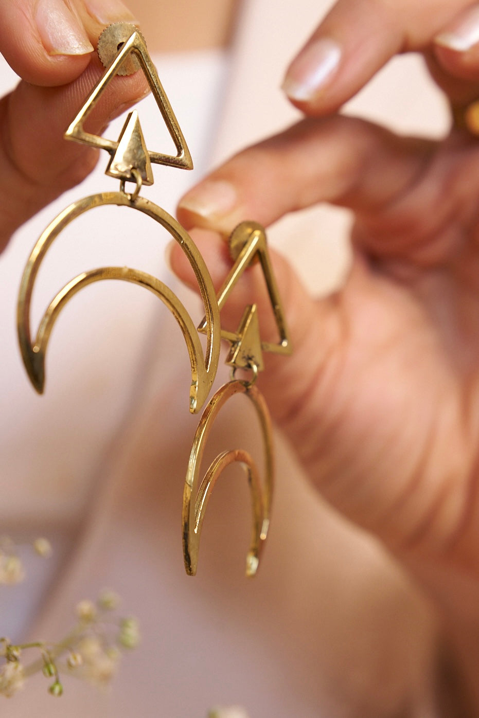 Boho moon drop brass earrings