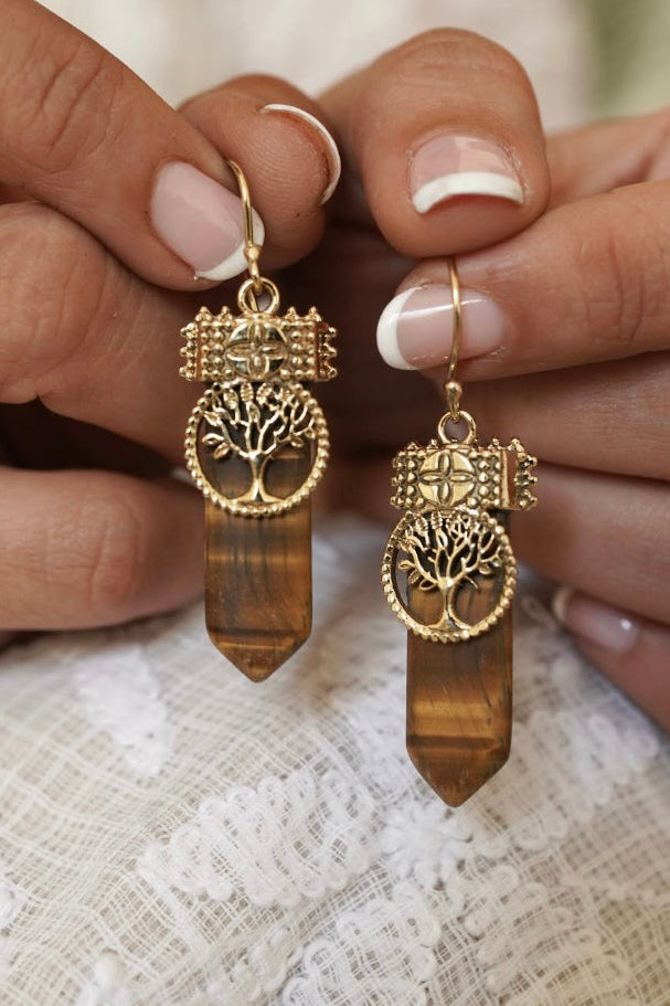 Eye of tiger brass earrings