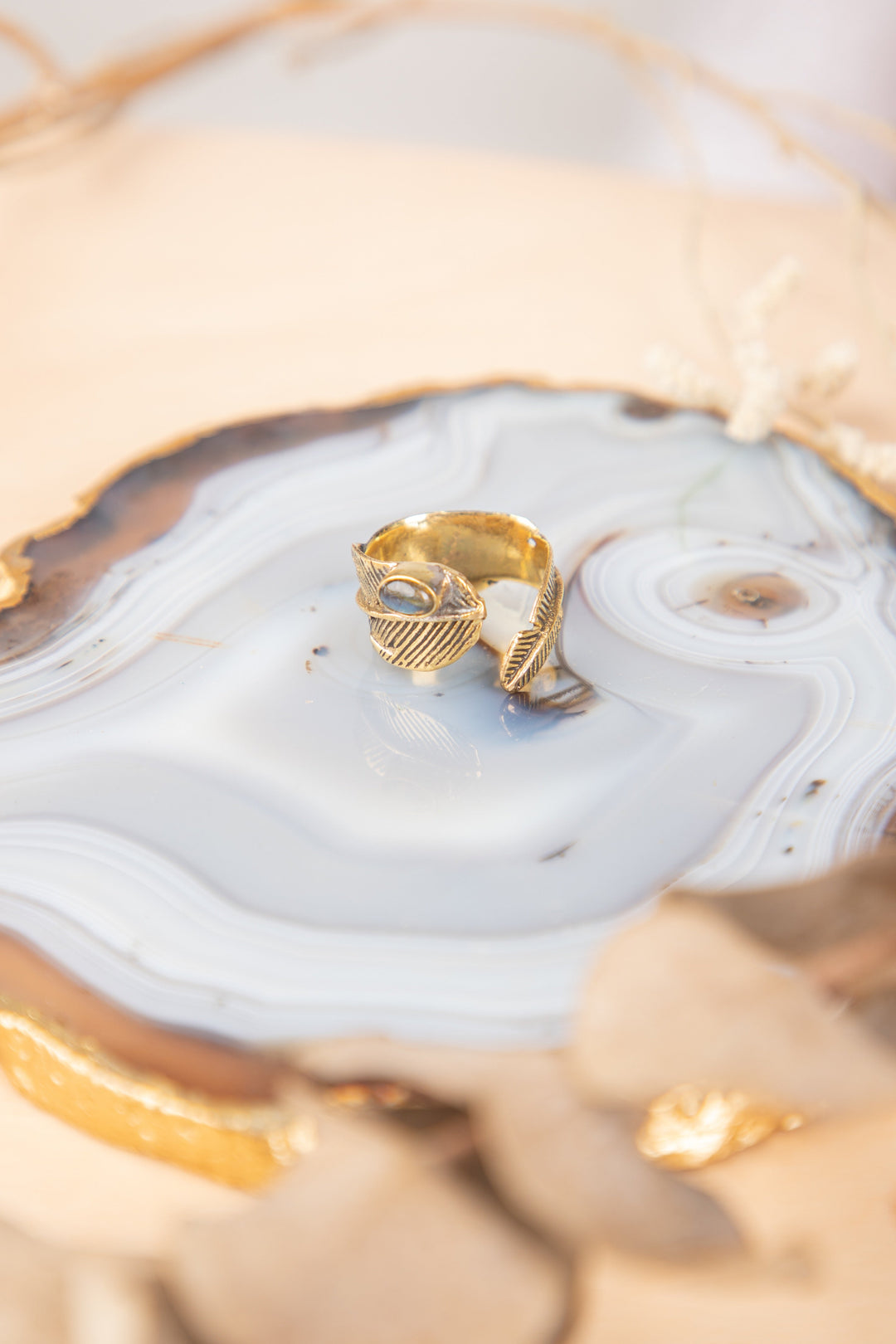 Labradorite feather adjustable ring. 5-8 size