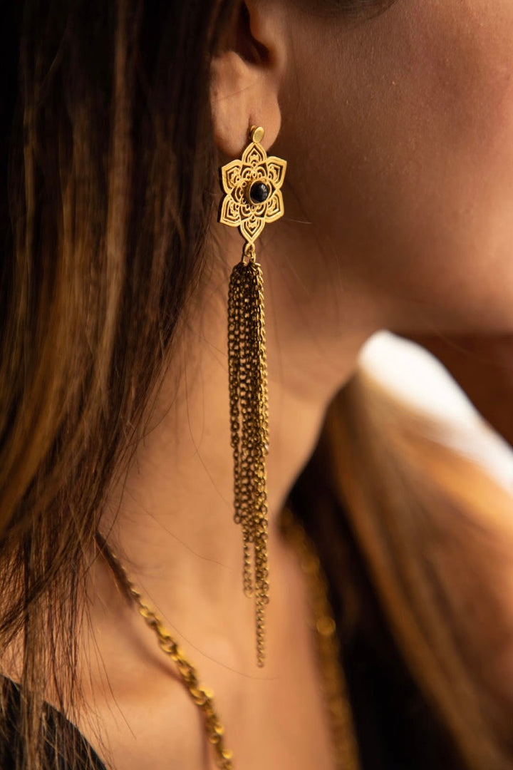 Black agate Mandala brass drop earrings
