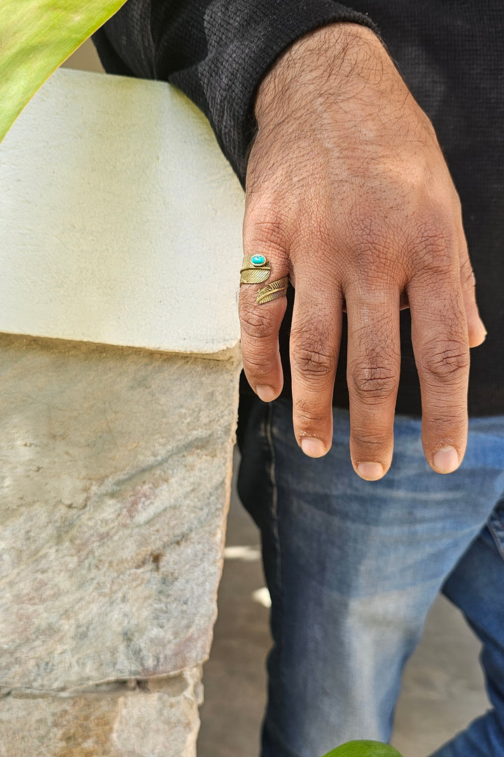 Turquoise feather adjustable ring men’s collection