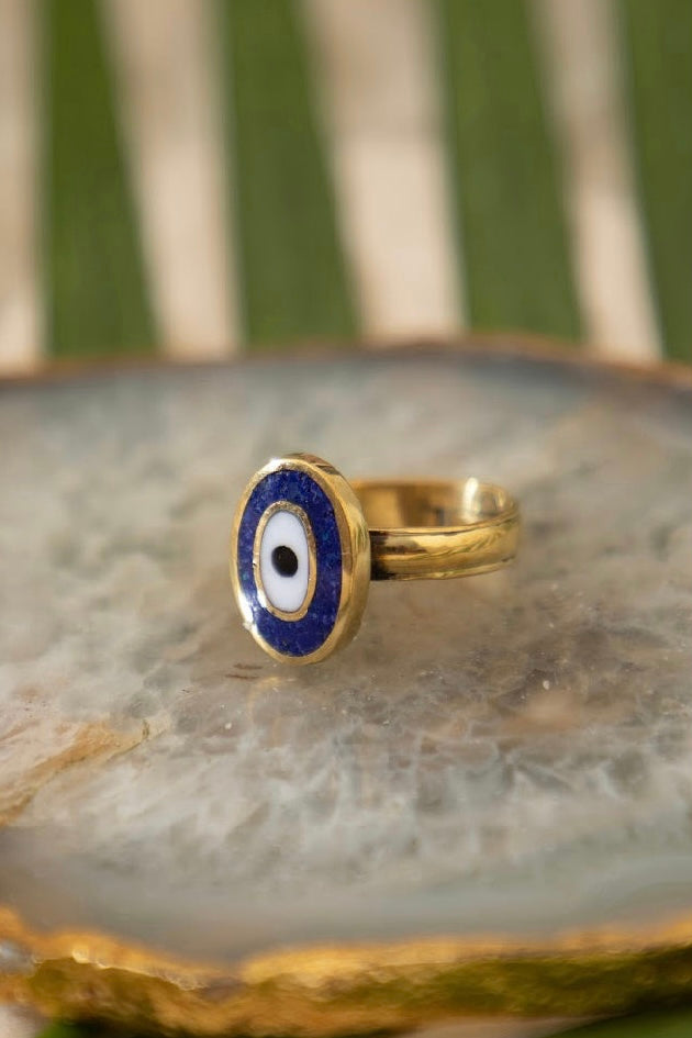 Lapis Evil Eye brass ring. Adjustable. Size 5-7