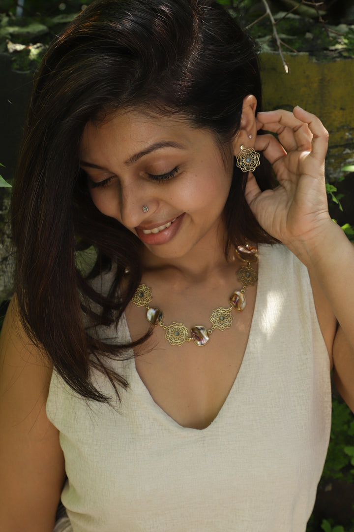 Labradorite Mandala drop brass earrings