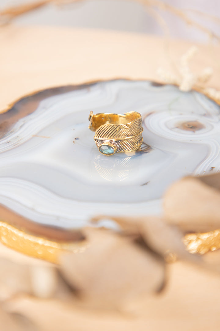Labradorite feather adjustable ring. 5-8 size