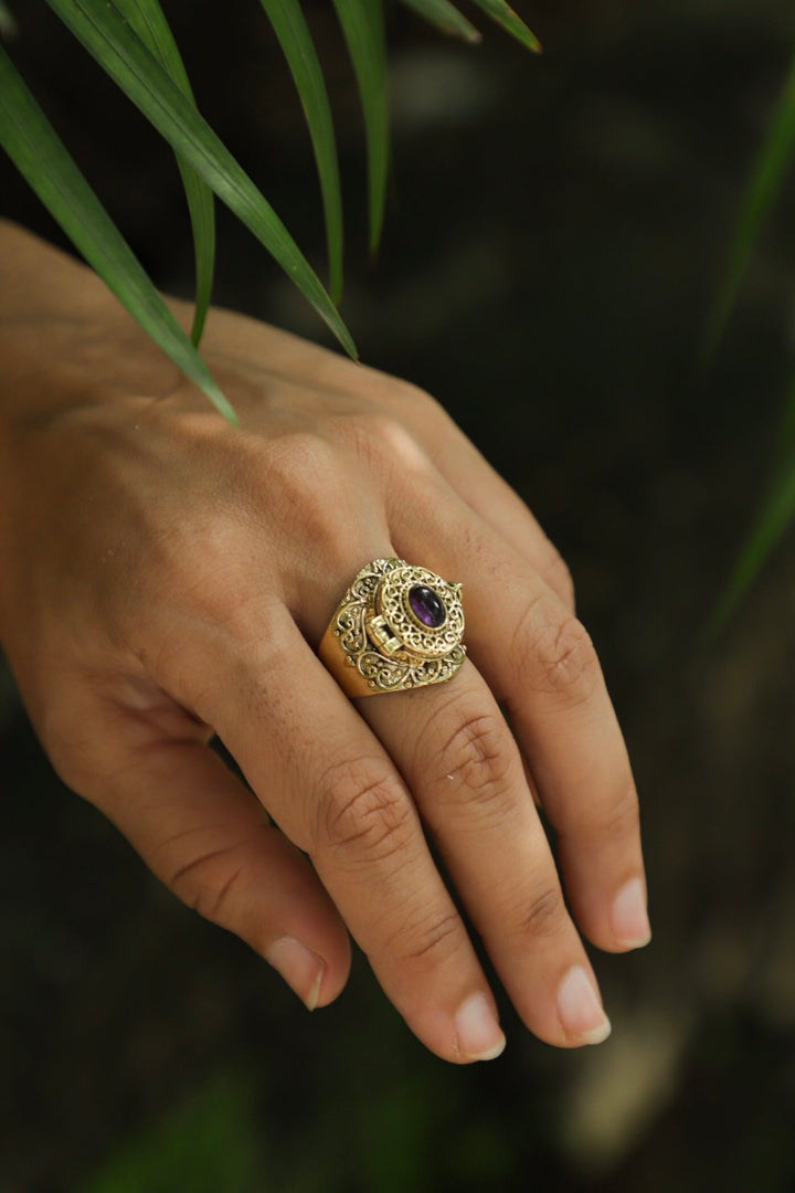 Amethyst brass poison ring. Adjustable. 5-8