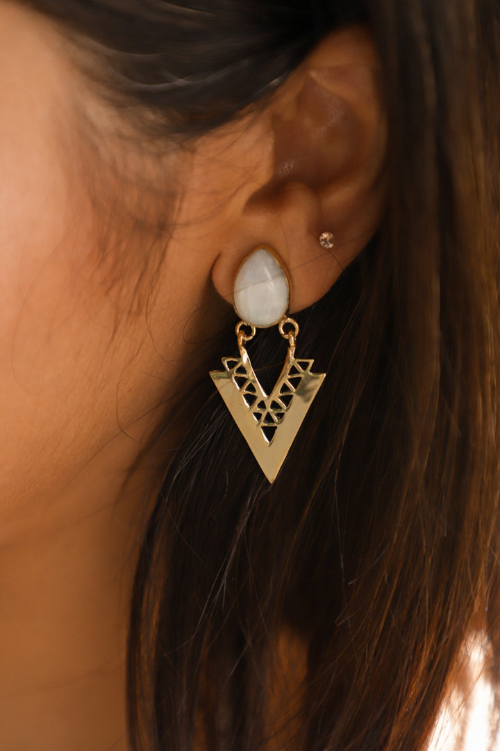 Moonstone triangle brass drop earrings