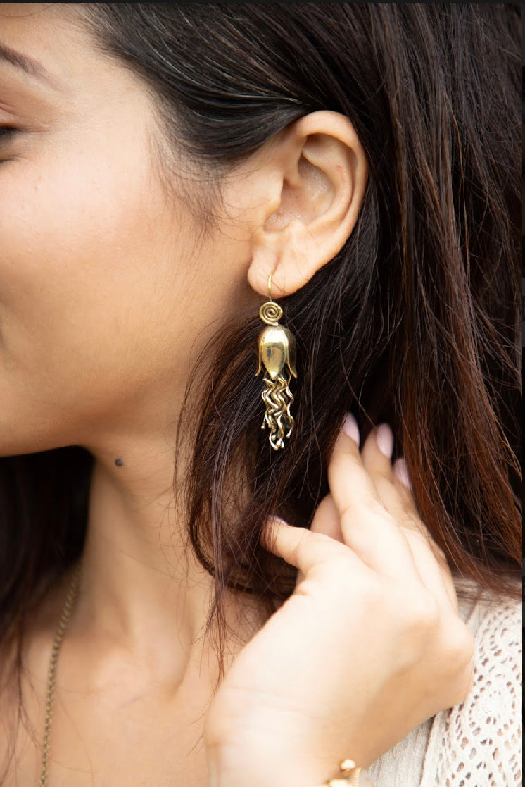 Tulip brass drop earrings.