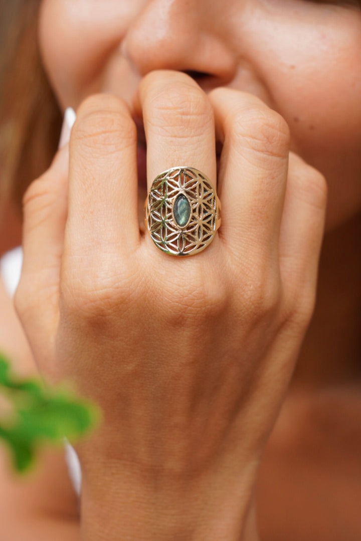 Labradorite flower of life adjustable brass ring. Size 5-7