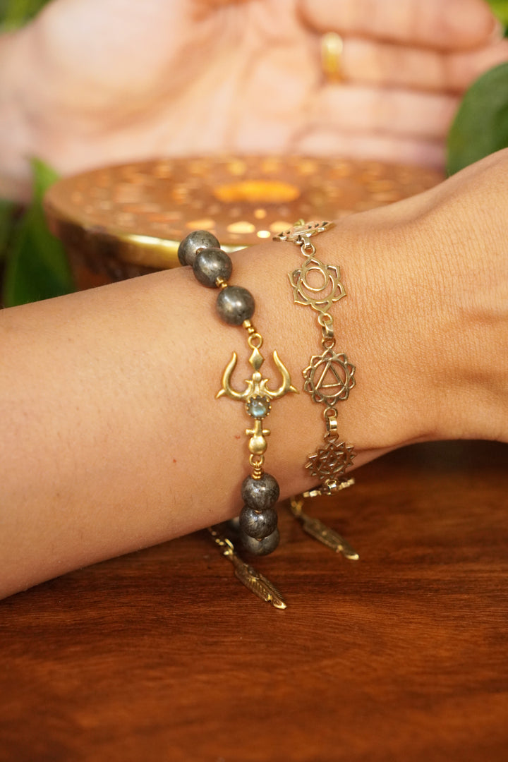 Seven chakra trishul pyrite bracelet stackable combo