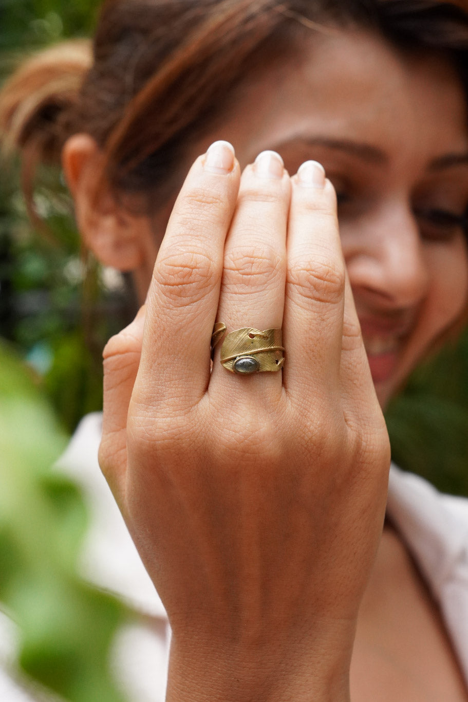 Labradorite feather adjustable brass ring. Size 5-8