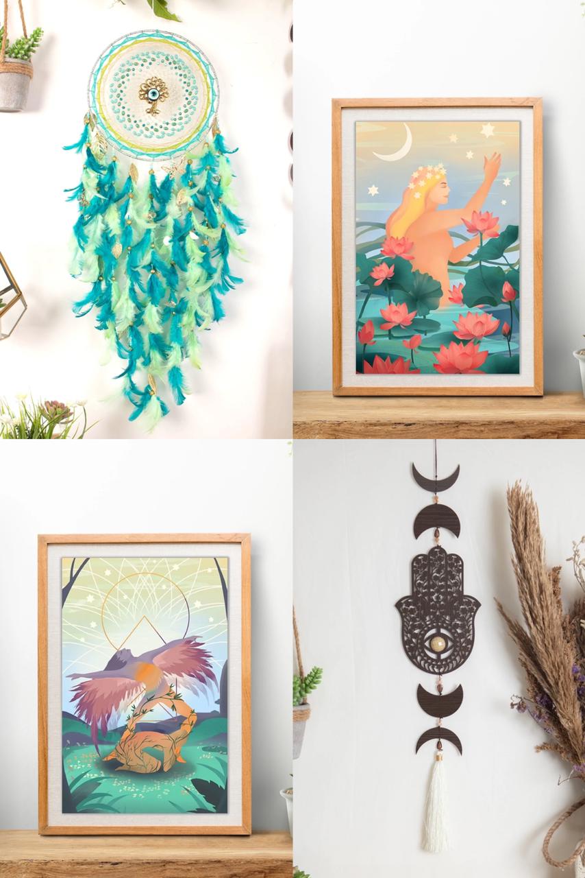 The joy of spring dreamcatcher + New vision’ art print for charity + Creativity’ art print for charity + Hamsa tassel hanging + - Comb