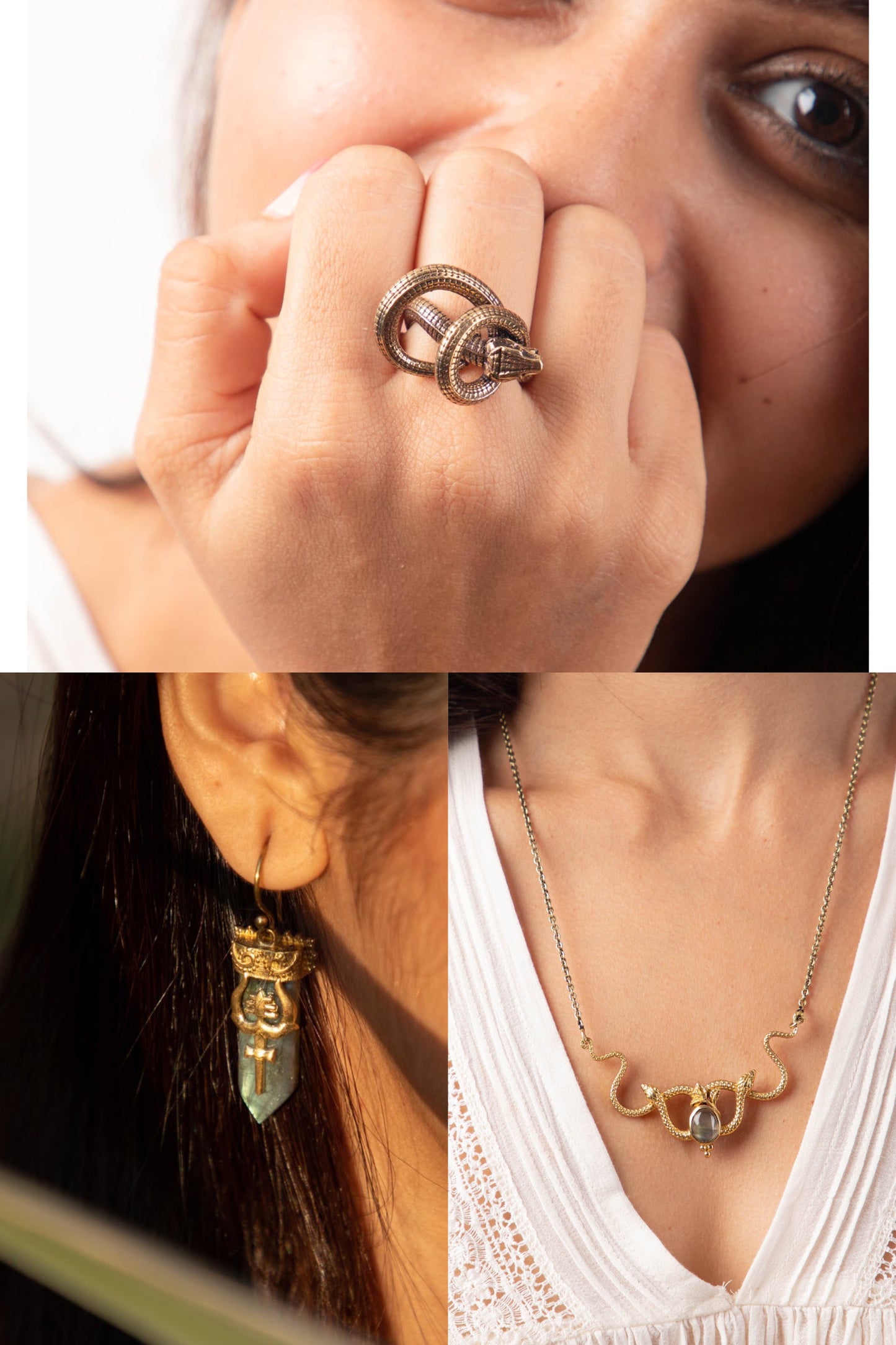 Kundalini twister necklace + serpent ring + trishul labradorite earrings combo